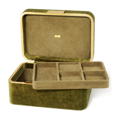 Beauvais Velvet Jewelry Box in Moss by AERIN - Open with Tray Shown
