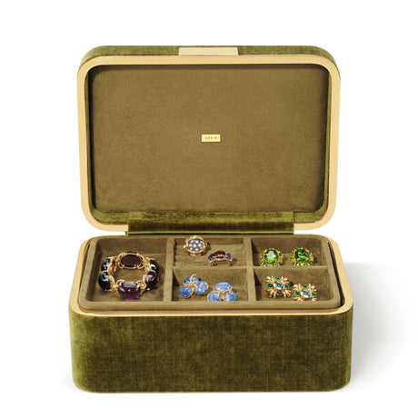Beauvais Velvet Jewelry Box in Moss by AERIN - Open with Top Level Shown