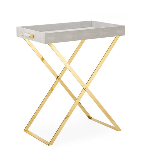 Brass Butler Tray Stand by AERIN at Fig Linens and Home - Shown with Grey Tray