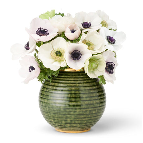 Calinda Round Vase in Forest Green by AERIN at Fig Linens and Home - Shown with Flowers 2