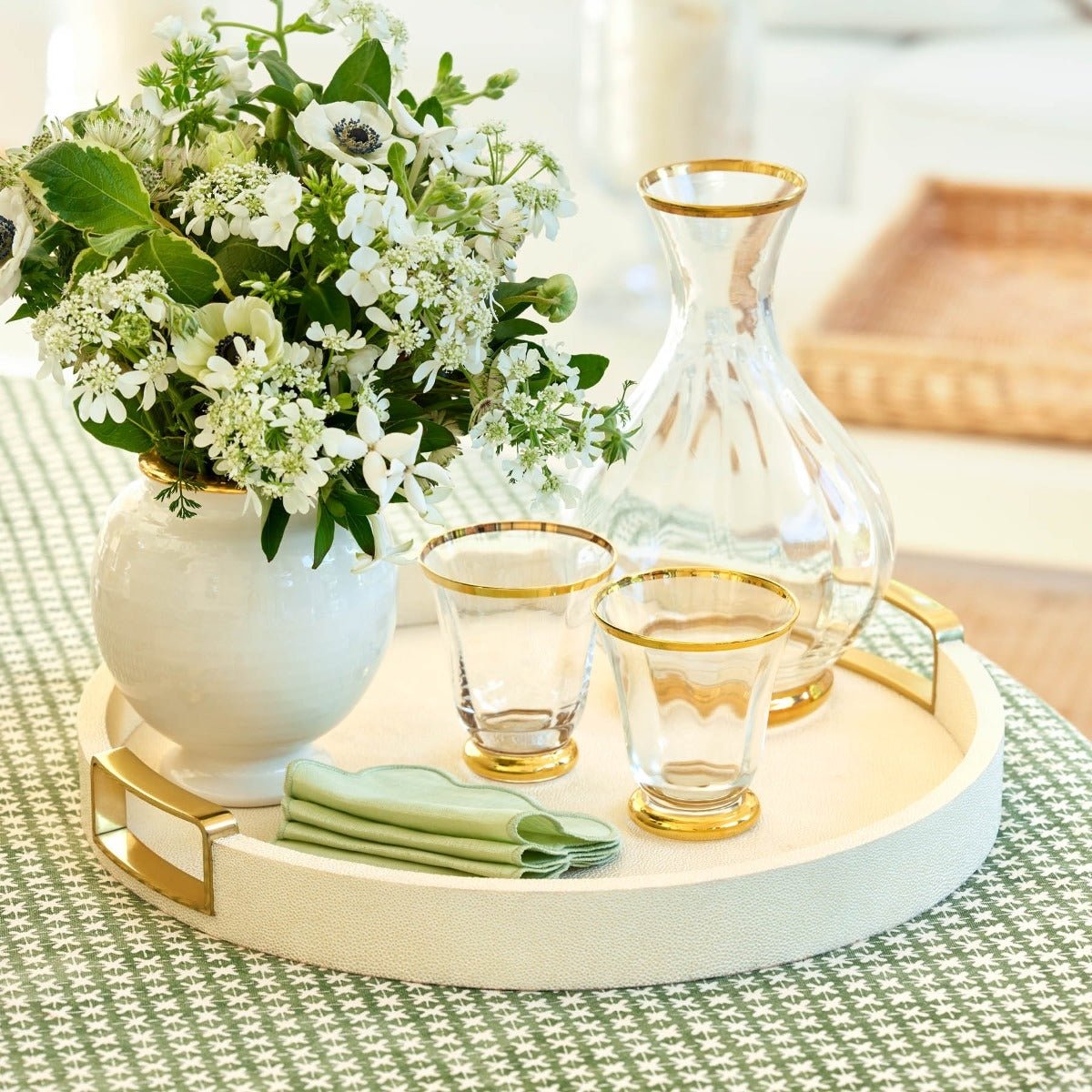 Carina Shagreen Small Round Tray in Cream by AERIN - Lifestyle with Drinks and Flowers