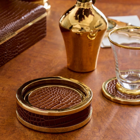 Classic Croc Leather Coasters Set of 4 in Chestnut by AERIN - Lifestyle View