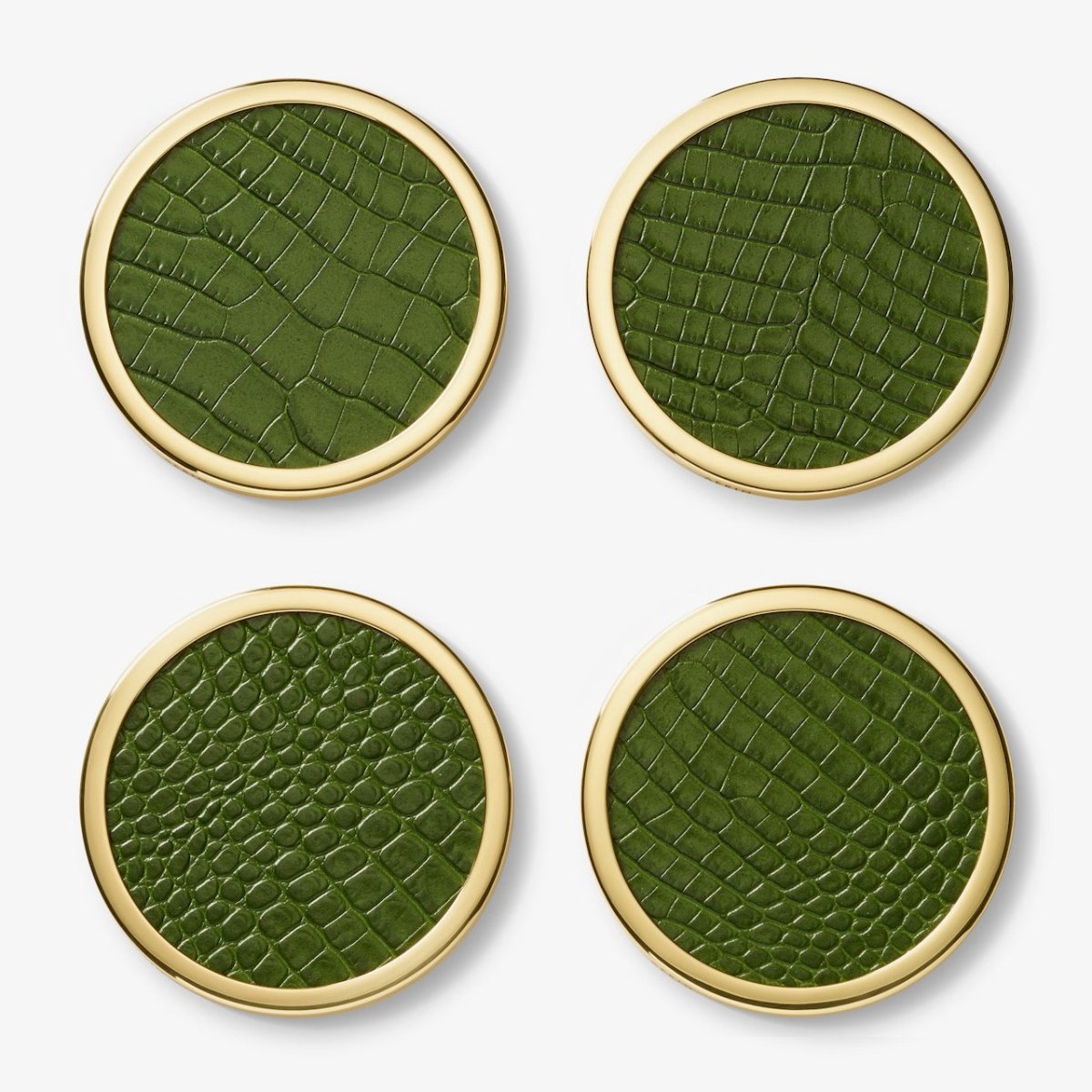 AERIN Classic Croc Leather Coasters Set of 4 Verde Green - Pattern View on Coaster with Brass
