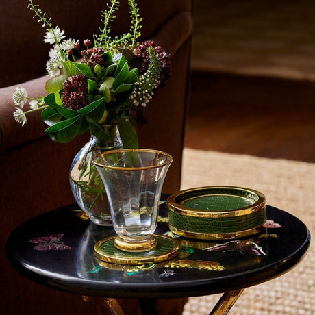 Classic Croc Leather Coasters Set of 4 in Verde by AERIN at Fig Linens and Home - Lifestyle on Table