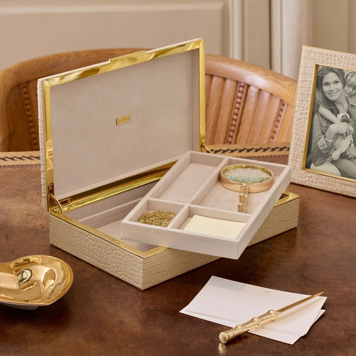 Classic Croc Leather Desk Box in Fawn | AERIN Home Decor at Fig Linens and Home 6