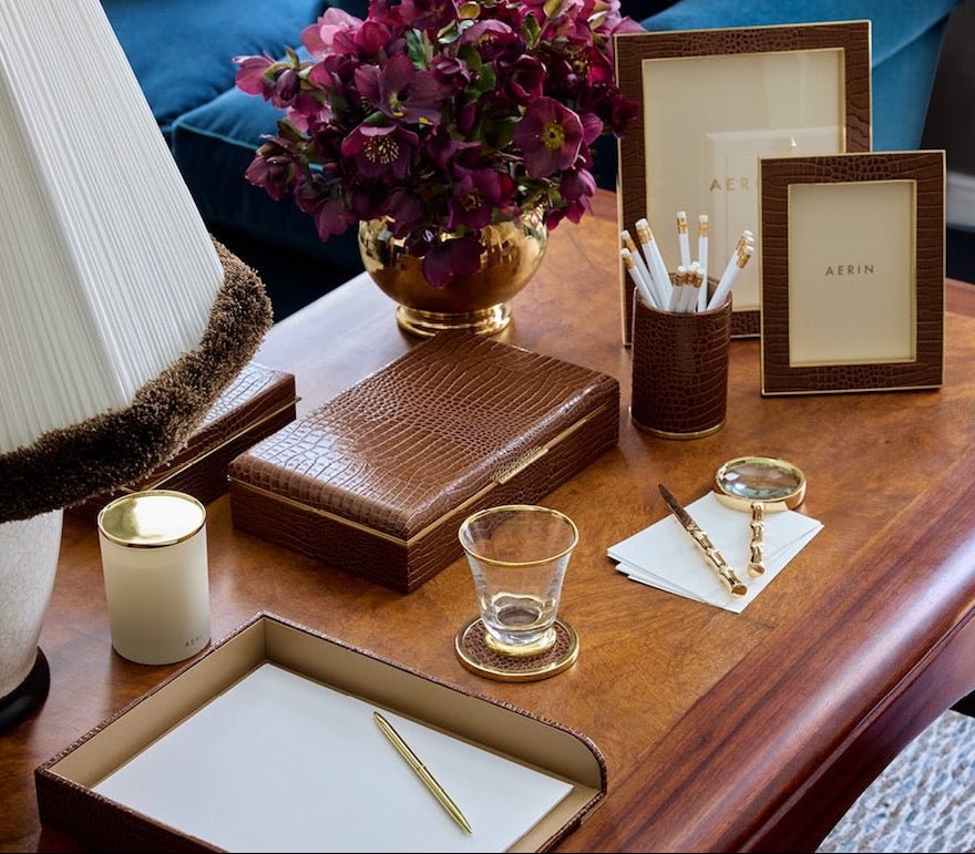 AERIN Classic Croc Leather Paper Tray in Chestnut | Italian Leather at Fig Linens and Home Lifestyle
