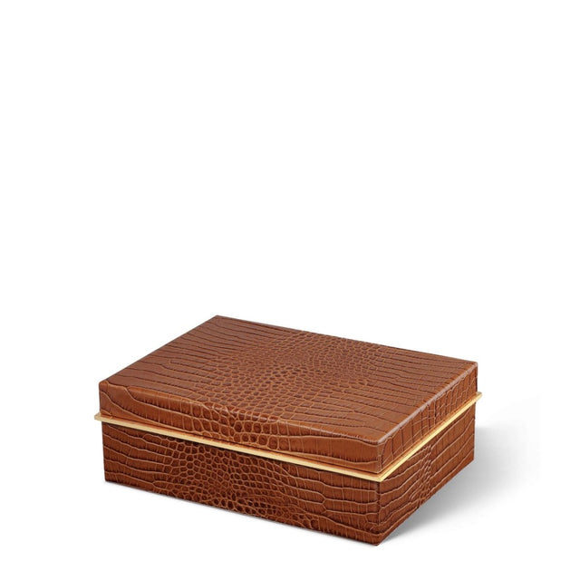 Classic Croc Leather Small Box in Chestnut by AERIN at Fig Linens and Home - Angle View