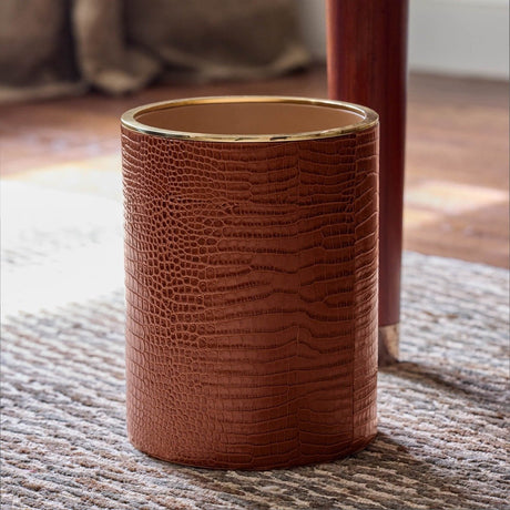 Classic Croc Leather Wastebasket in Chestnut by AERIN - Lifestyle at Fig Linens and Home