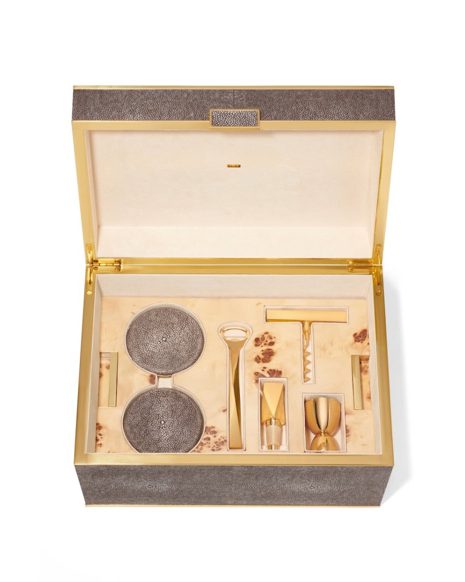 AERIN Classic Shagreen Bar Set in Chocolate Box | Luxury Barware & Cocktail Tools