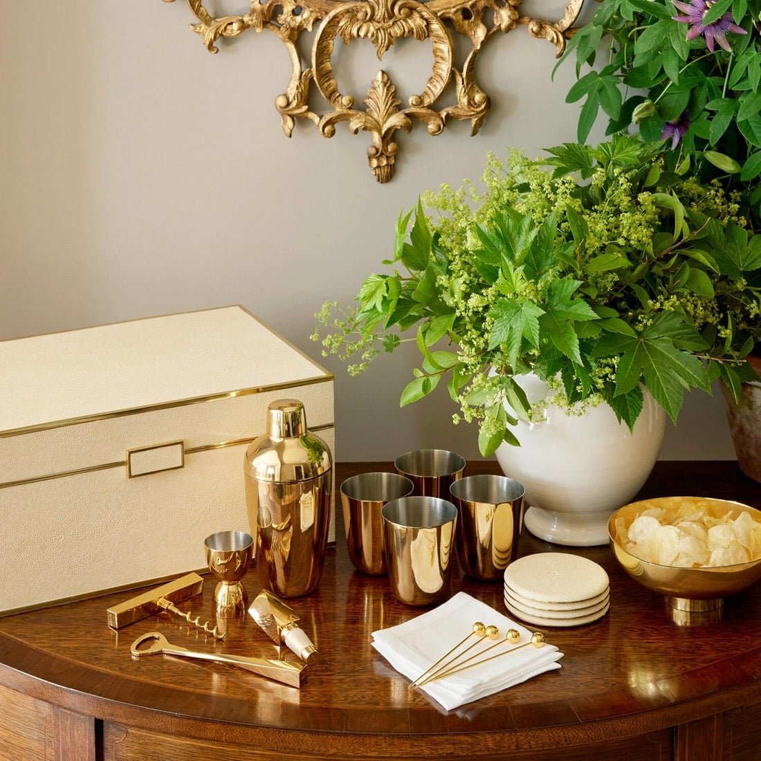 Lifestyle Photograph of Classic Shagreen Bar Set in Cream by AERIN - Fig Linens and Home - Shown on Table with All Pieces