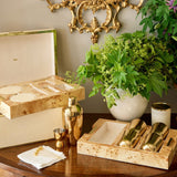 Lifestyle Photograph of Classic Shagreen Bar Set in Cream by AERIN - Fig Linens and Home - Shown on Table with Interior Tiers