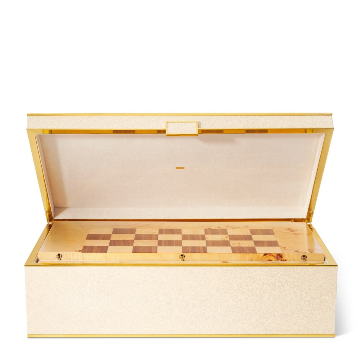 Classic Shagreen Game Set in Cream by AERIN - Open Cream Box with Brass Hardware 1