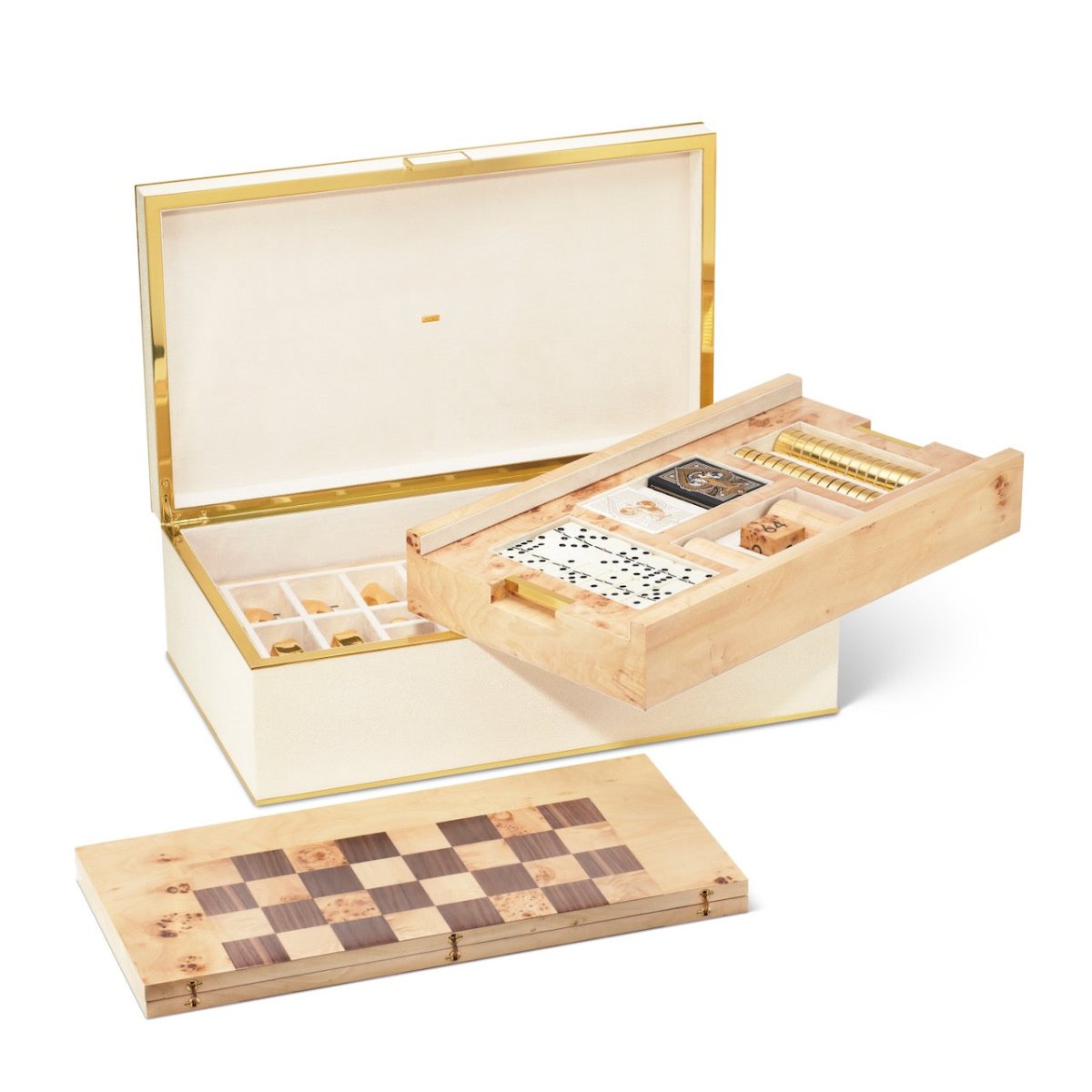 Classic Shagreen Game Set in Cream by AERIN - Open Cream Box with Brass Hardware 3