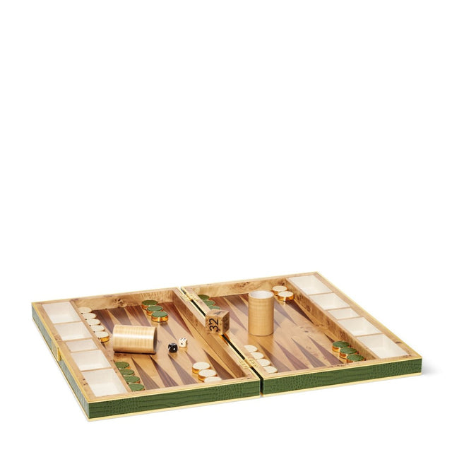 Croc Leather Backgammon Set w/Dice in Verde by AERIN at Fig Linens and Home - Open with Game Pieces
