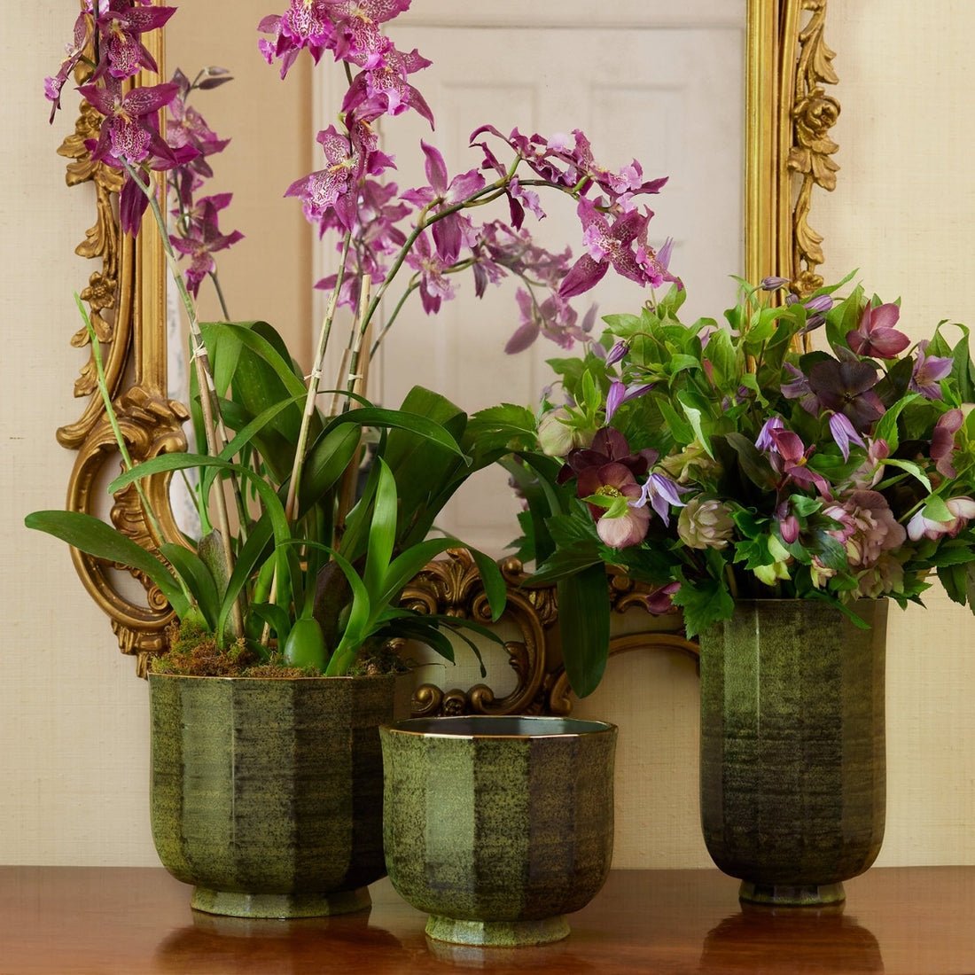 Delmara Large Cachepot in Cedar by AERIN - Lifestyle with 3 Sizes and Orchids