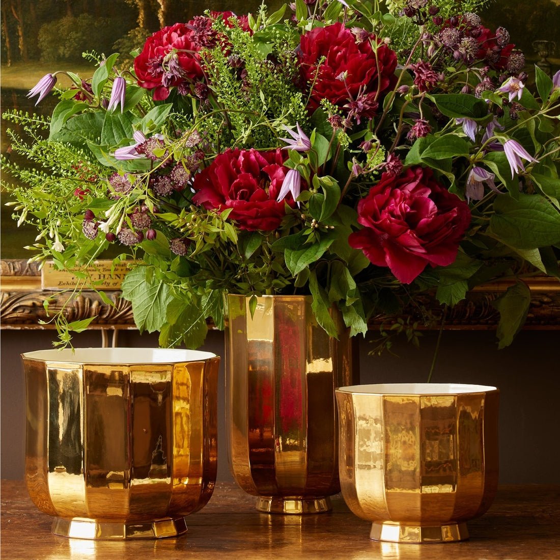 AERIN Lifestyle Photo of Gold Vase shown with other Vessels - Delmara Large Vase in Gold by AERIN