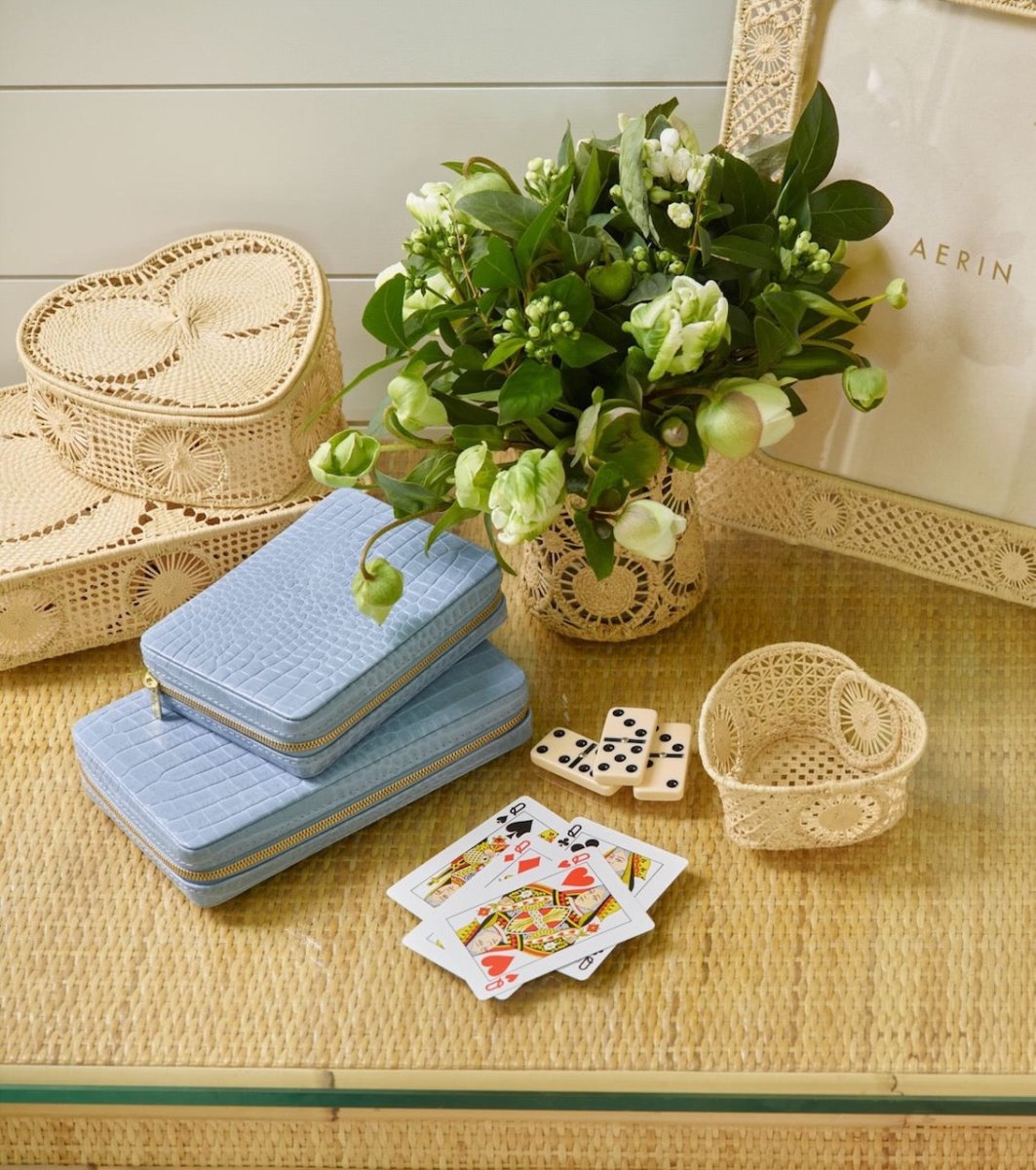 Enzo Travel Card Set in Hydrangea Blue by AERIN - Lifestyle Photo with Travel Games