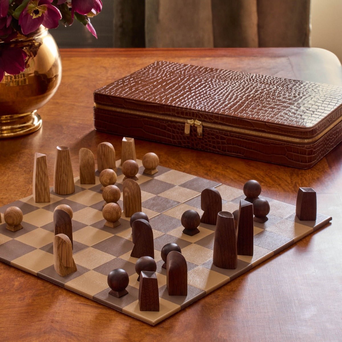 AERIN Enzo Travel Chess Set in Chestnut | Games at Fig Linens and Home - Lifestyle Photo on Table