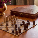 AERIN Enzo Travel Chess Set in Chestnut | Games at Fig Linens and Home - Lifestyle Photo on Table