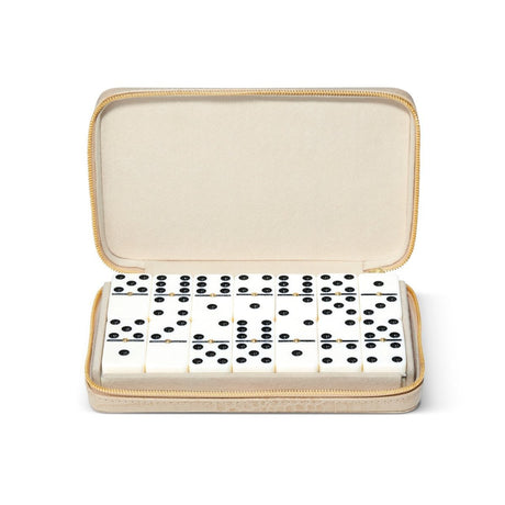Enzo Travel Domino Set in Fawn by AERIN at Fig Linens and Home - Case Open with Dominoes on View