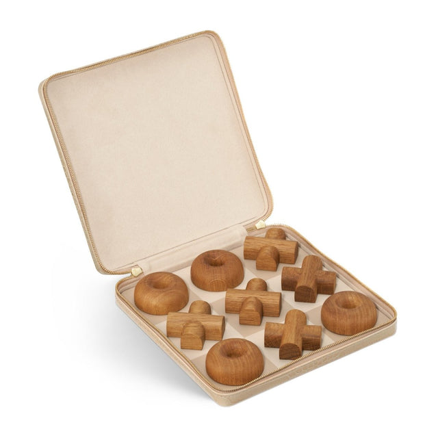 Enzo Travel Tic Tac Toe Set in Fawn by AERIN at Fig Linens and Home - Open Case with Wood Pieces