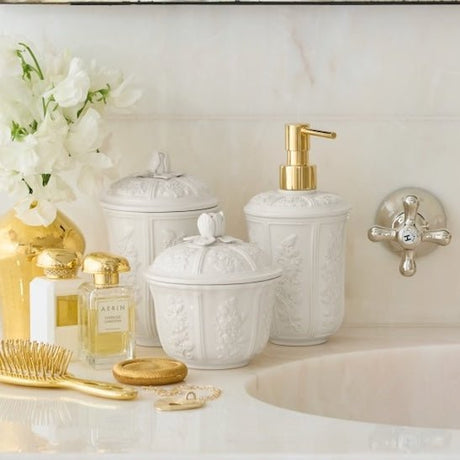 Close-up of AERIN Josepha large canister – decorative bathroom jar at Fig Linens and Home
