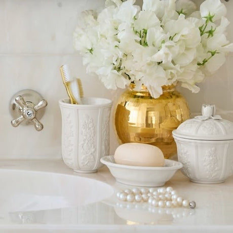 Side angle of AERIN Josepha soap tray – classic bath accessory at Fig Linens and Home