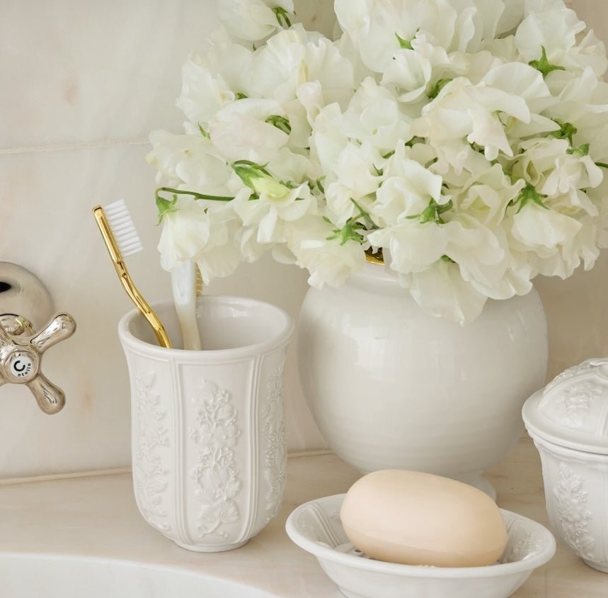 Side view of AERIN Josepha tumbler – luxury bath glass at Fig Linens and Home