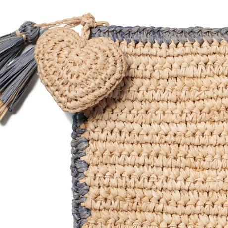 AERIN Large Raffia Pouch with Border in Denim Blue | Summer Tote with Heart Charm - Detail 1