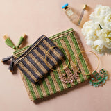 Large Striped Raffia Zip Pouch Green by AERIN | Clutch Bag in Natural Tassel - Lifestyle