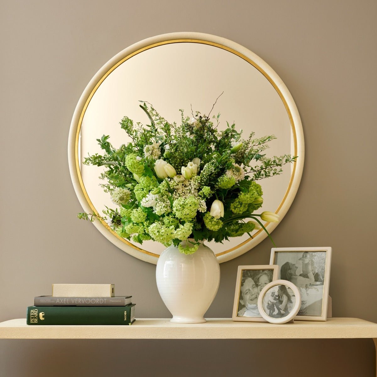 Piero Leather Frame in Shadow White- Round by AERIN at Fig Linens and Home - Lifestyle View