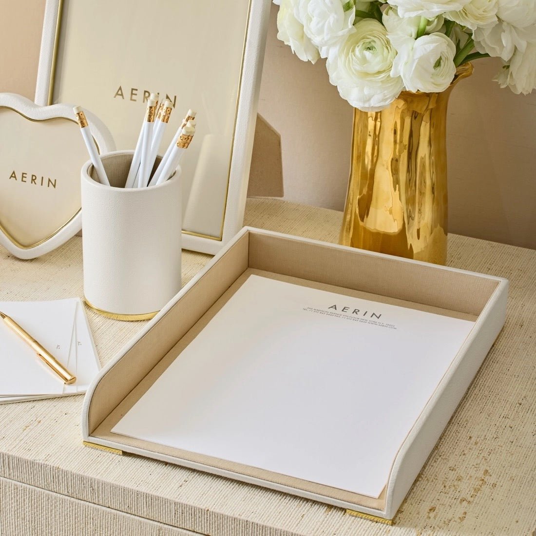 Piero Leather Paper Tray in Shadow White by AERIN - Lifestyle at Fig Linens and Home