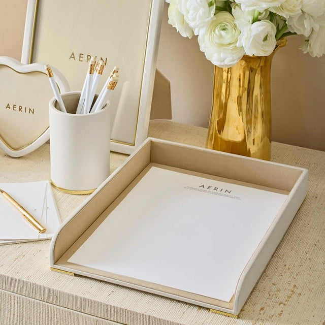 Piero Leather Paper Tray in Shadow White by AERIN - Lifestyle at Fig Linens and Home