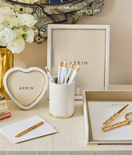 Piero Leather Pencil Cup in Shadow White by AERIN 3.5" x 3.4" x 5.0" Shadow White at FIG LINENS AND HOME 2