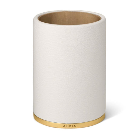 Piero Leather Pencil Cup in Shadow White by AERIN 3.5" x 3.4" x 5.0" Shadow White at FIG LINENS AND HOME 3