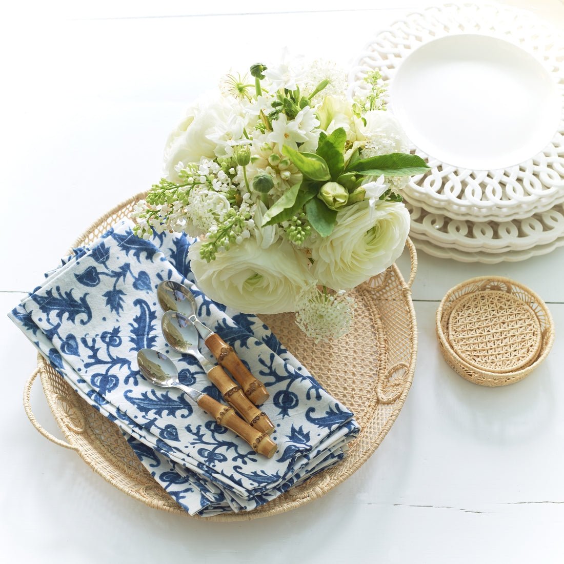 Woven Wicker Raffia Round Tray by AERIN at Fig Linens and Home - Lifestyle 4