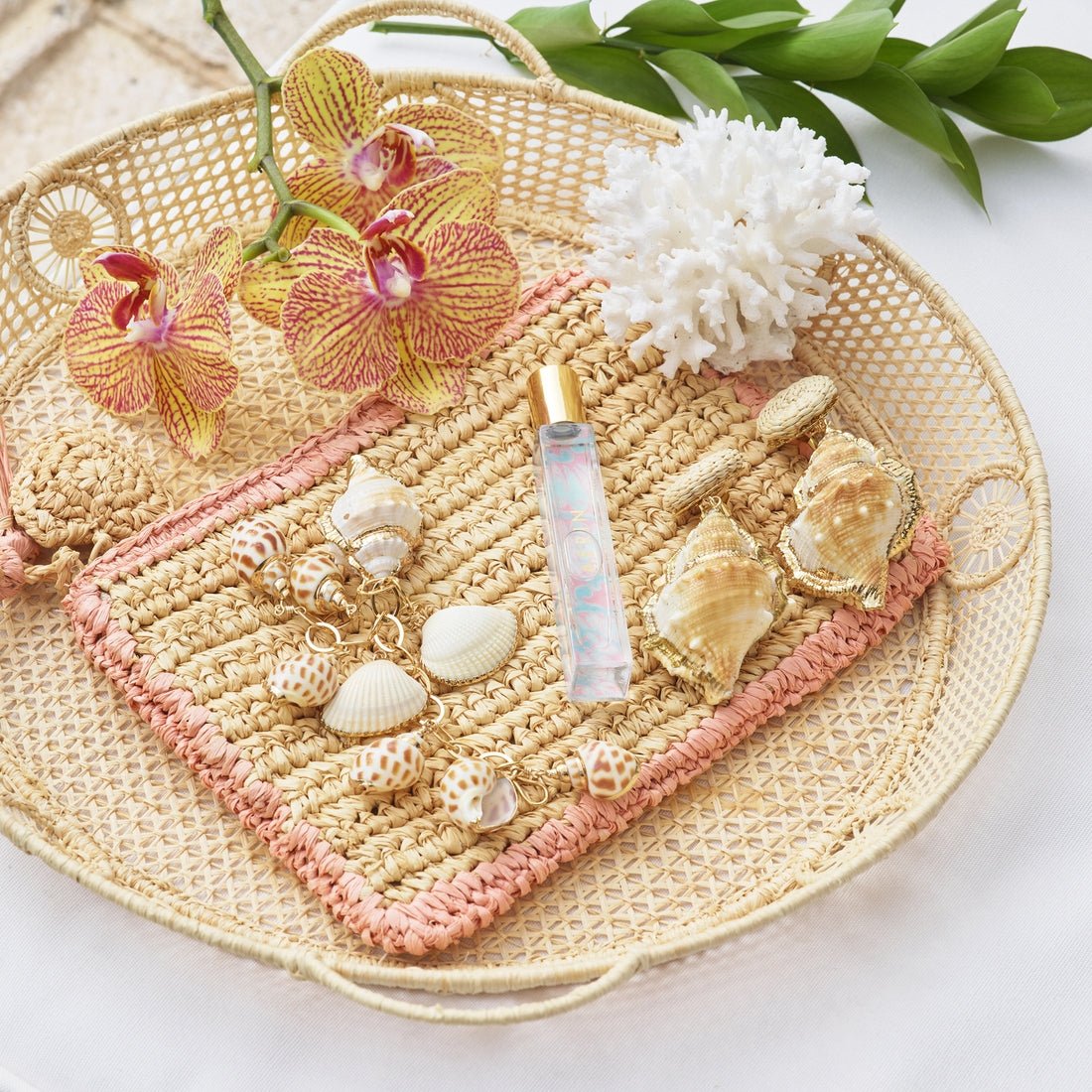 Woven Wicker Raffia Round Tray by AERIN at Fig Linens and Home - Lifestyle 5