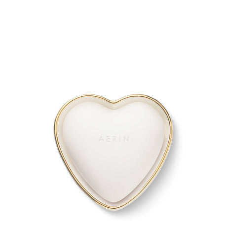 AERIN Ribbed Heart Trinket Dish in Cream with Gold Rim | Back of Dish with Logo