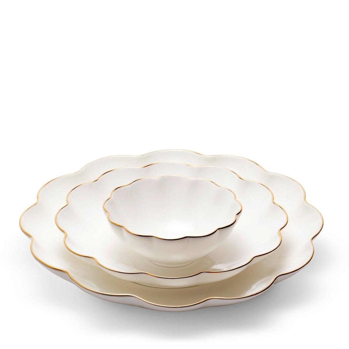 Scalloped Nesting Serving Dishes Set of 3 by AERIN SET of 3 - Bowl 5.5" x 5.5" x 2.1"; Medium Plate 9.2" x 9.2" x 1.6"; Large Plate 12" x 12" x 1.8" Cream at FIG LINENS AND HOME 1