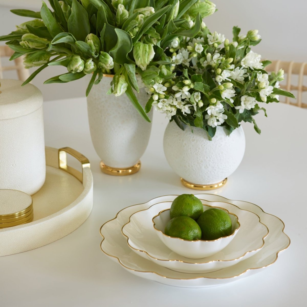 Scalloped Nesting Serving Dishes Set of 3 by AERIN SET of 3 - Bowl 5.5" x 5.5" x 2.1"; Medium Plate 9.2" x 9.2" x 1.6"; Large Plate 12" x 12" x 1.8" Cream at FIG LINENS AND HOME 2