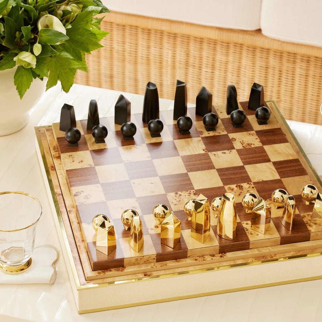 AERIN Shagreen Cream Chess Set - Lifestyle View of Board and Pieces at Fig Linens and Home 1