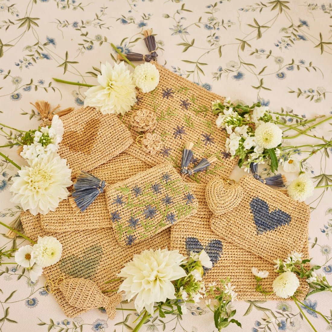 Small Heart Raffia Zip-Pouch in Denim Blue by AERIN at Fig Linens and Home - Lifestyle Photo