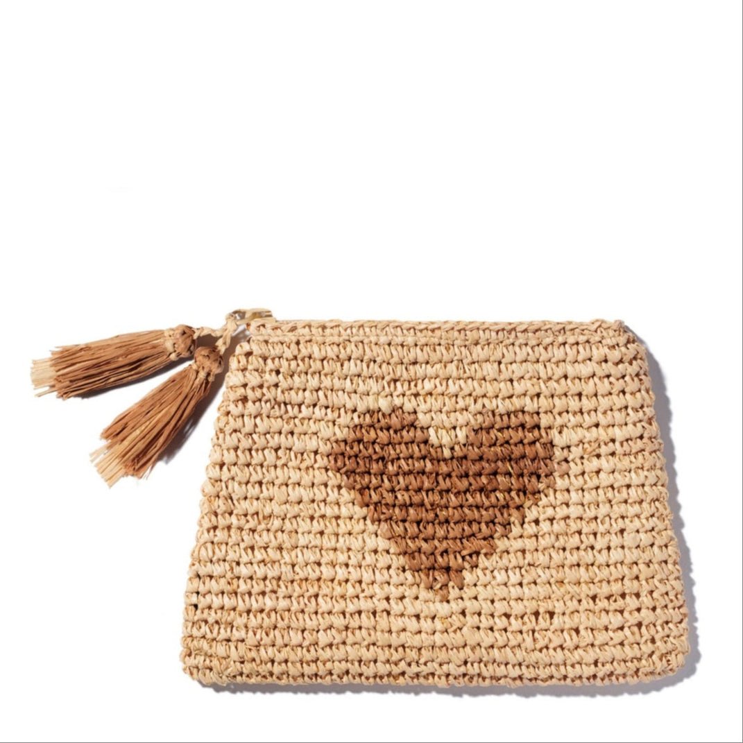 Aerin Heart Raffia Zip Pouch