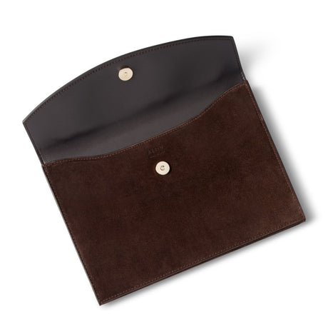 Suede Envelope Clutch in Chocolate by AERIN at Fig Linen and Home - Flap Open