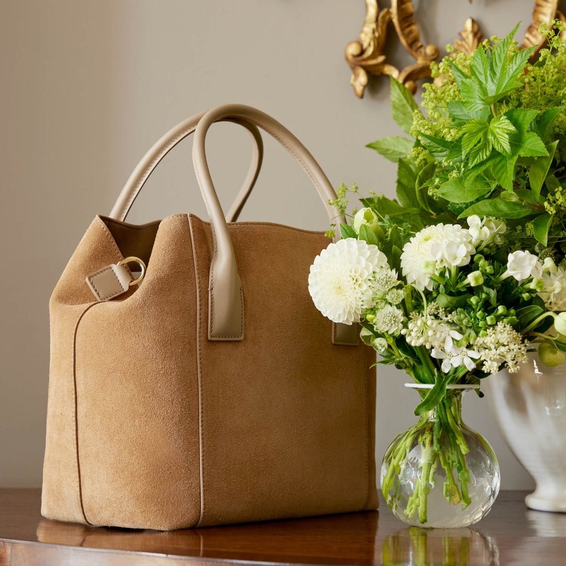 Suede Nano Weekender Bag Sand | AERIN at Fig Linens and Home - Lifestyle