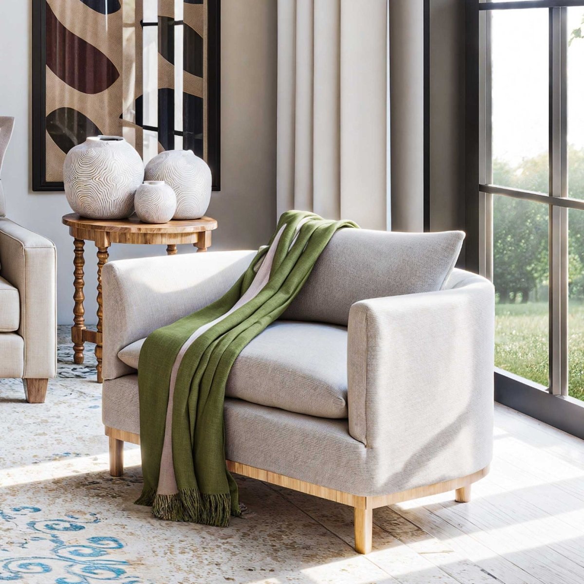 Reversible Throw Hunter and Light Taupe by Alicia Adams Alpaca - Lifestyle in Living Room