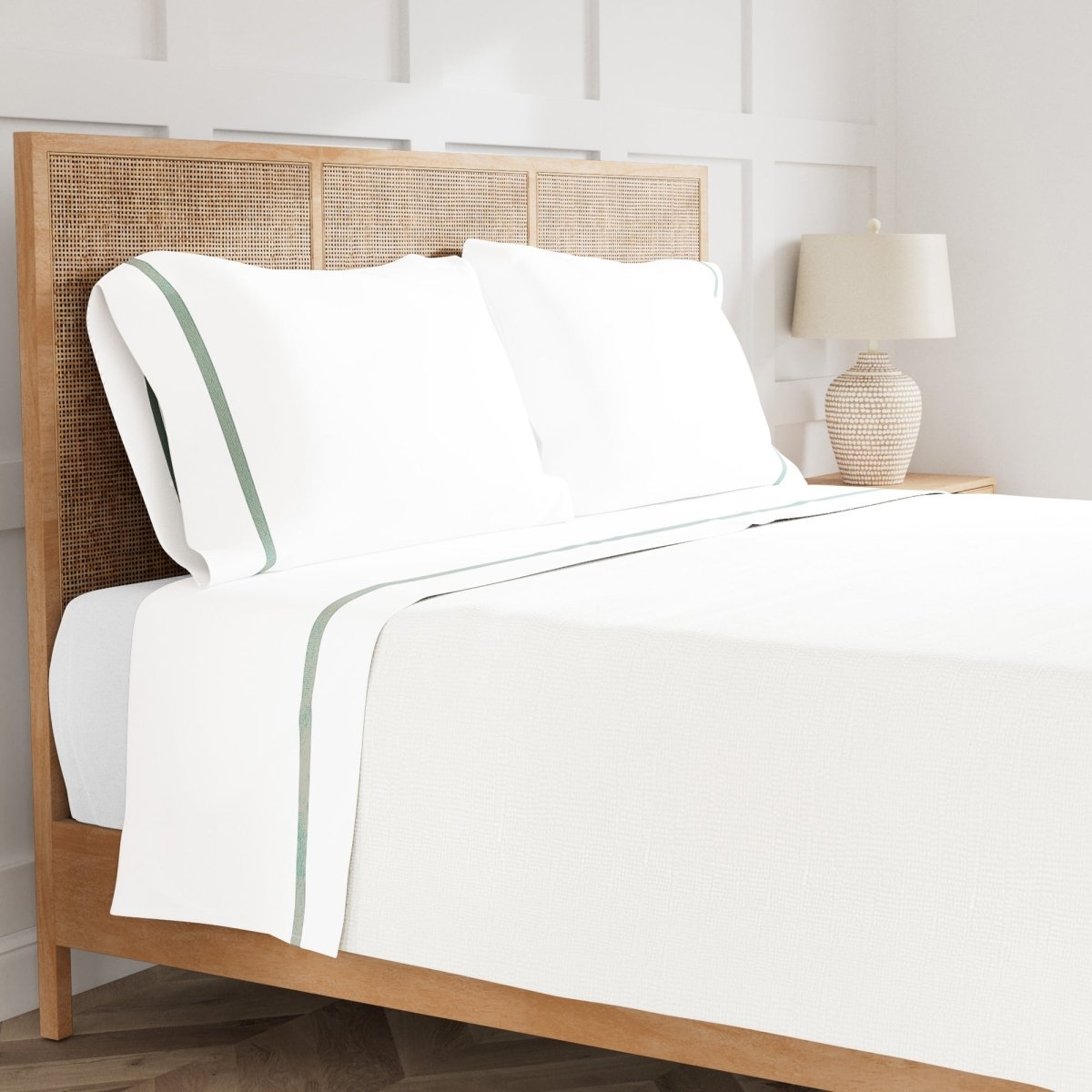 Sheet Set - Ann Gish Ready-to-Bed Cotton and Trim Sage Green Bed Sheets at Fig Linens and Home