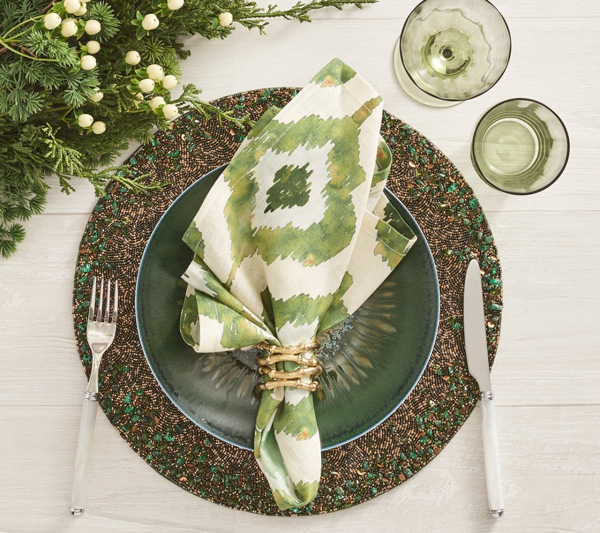 Kim Seybert Bamboo Napkin Ring in Gold on Green Table Setting - Fig Linens and Home