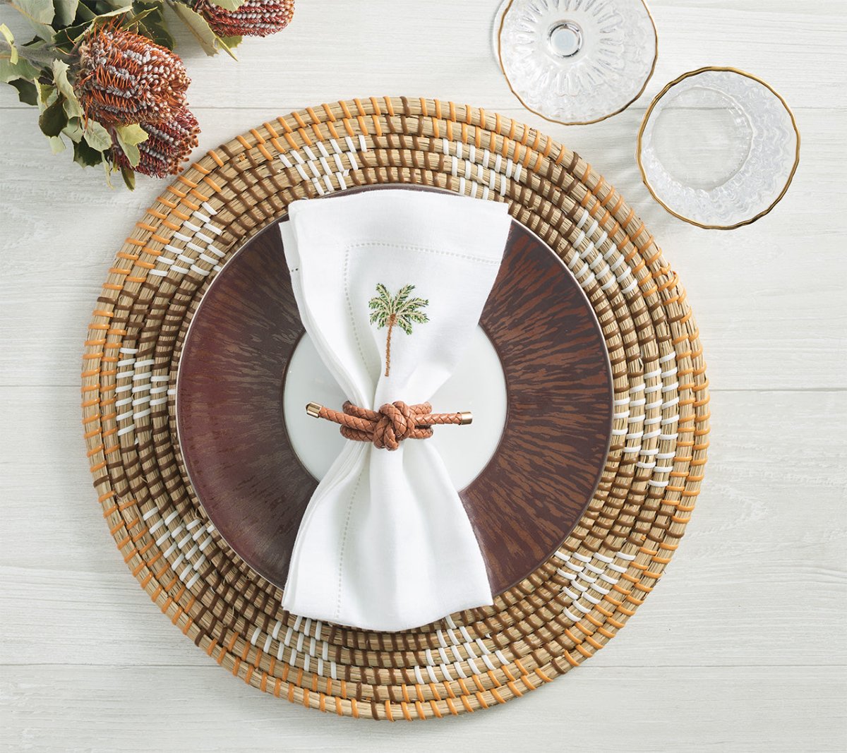 Kim Seybert Table - Rope Knot Brown Faux Leather Napkin Rings at Fig Linens and Home 3