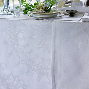 lumière d'étoiles diamant white table runner by Le Jacquard Francais Shown on White Tablecloth